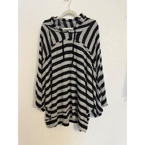 LIVI Size 26/28 Black Gray Striped Hooded Tunic Top Oversized Pullover Comfy